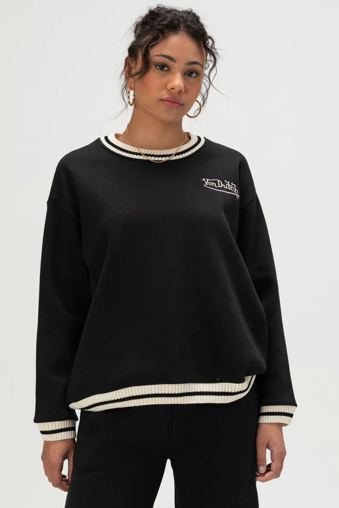 STRIPED RIB FLEECE CREW NECK IN BLACK/IVORY FRONT VIEW