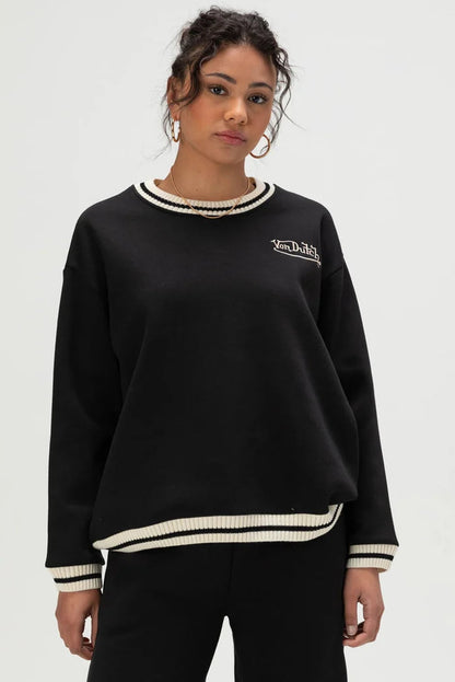 STRIPED RIB FLEECE CREW NECK IN BLACK/IVORY FRONT VIEW