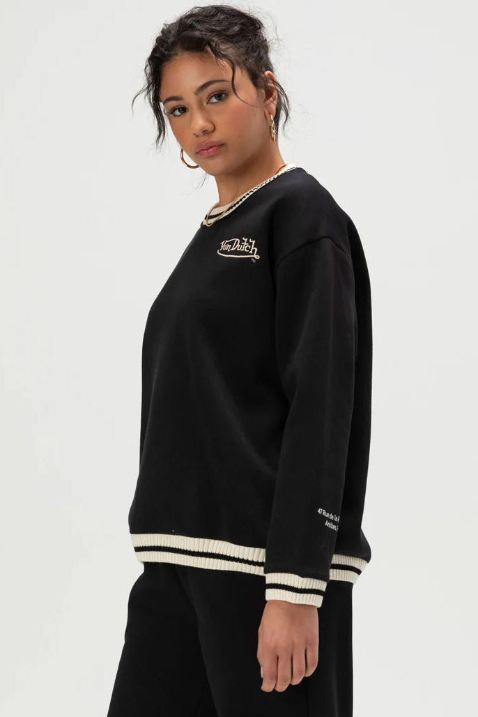 STRIPED RIB FLEECE CREW NECK IN BLACK/IVORY SIDE VIEW