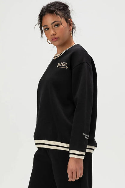 STRIPED RIB FLEECE CREW NECK IN BLACK/IVORY SIDE VIEW