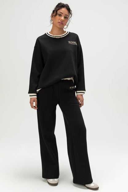STRIPED RIB FLEECE CREW NECK IN BLACK/IVORY FRONT VIEW