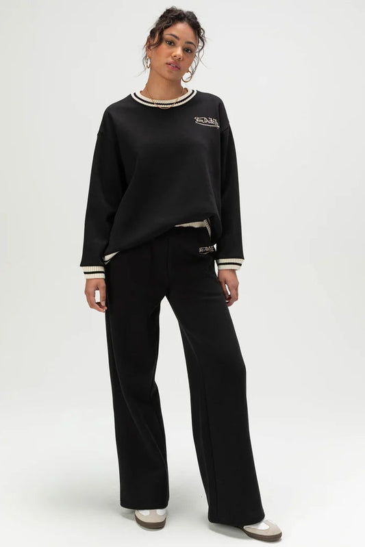 STRIPED RIB FLEECE CREW NECK IN BLACK/IVORY FRONT VIEW