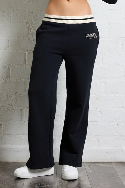 FLEECE WIDE LEG PANTS STRIPED IN BLACK AND IVORY FRONT VIEW