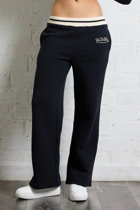 FLEECE WIDE LEG PANTS STRIPED IN BLACK AND IVORY FRONT VIEW