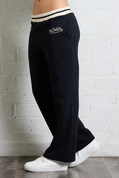 FLEECE WIDE LEG PANTS STRIPED IN BLACK AND IVORY SIDE VIEW