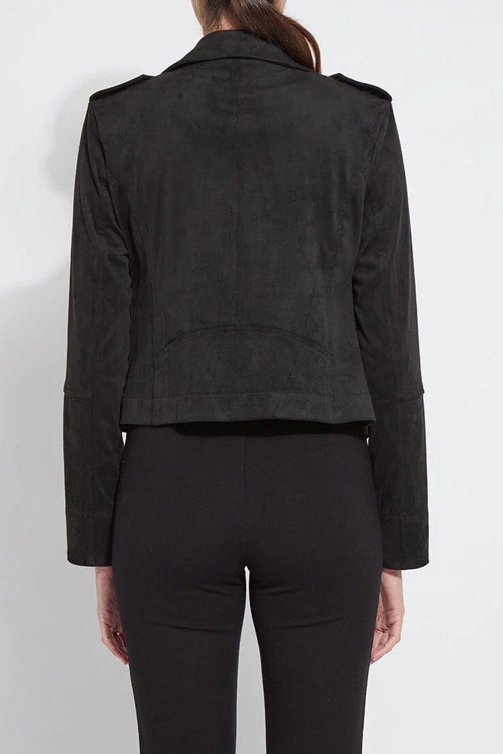 AMELIA MOTO VEGAN SUEDE JACKET IN BLACK BACK VIEW