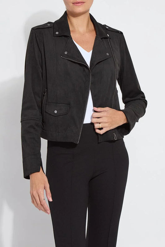 AMELIA MOTO VEGAN SUEDE JACKET IN BLACK FRONT VIEW