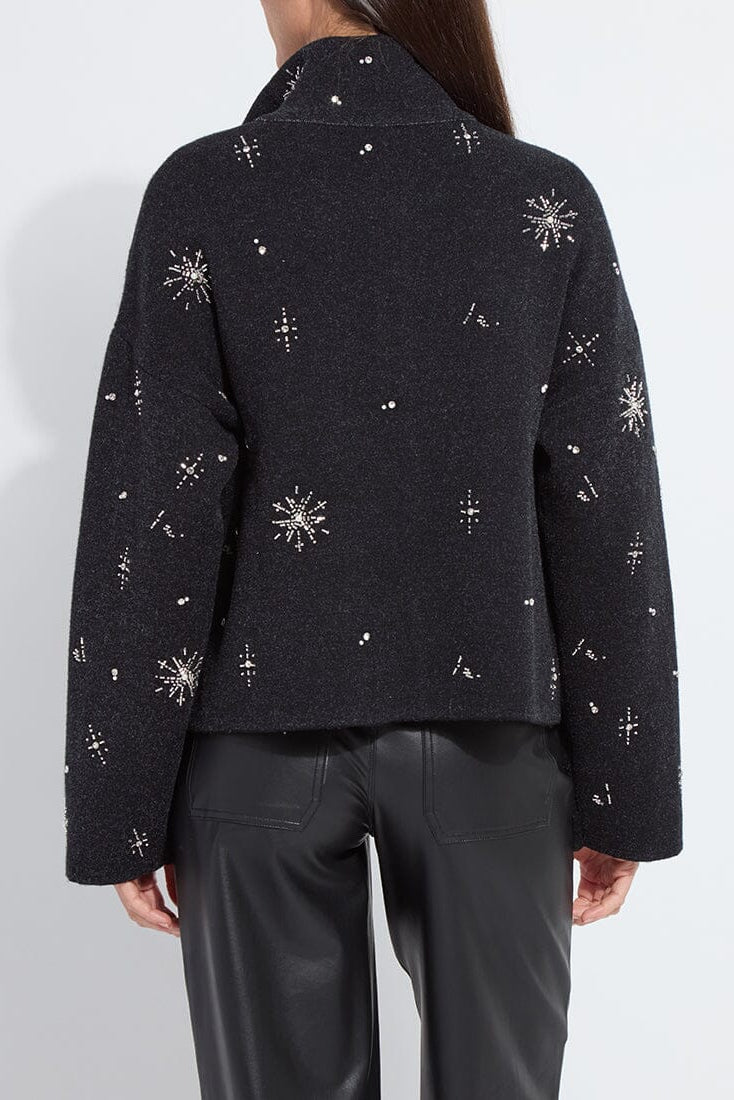 SCOTTIE EMBELLISHED KNIT JACKET IN CHARCOAL/LIGHT PEWTER BACK VIEW