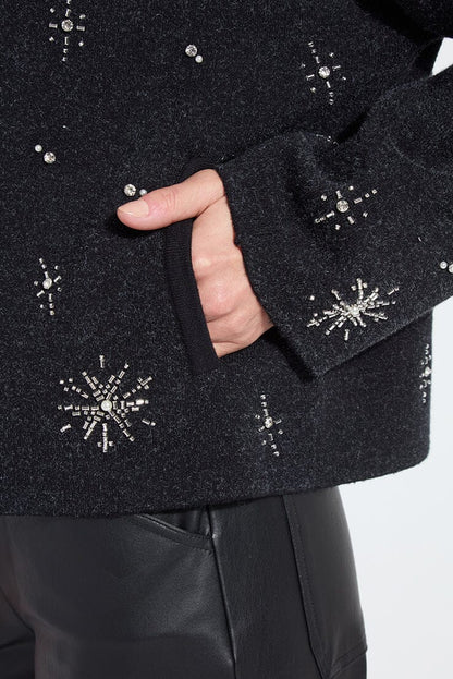 SCOTTIE EMBELLISHED KNIT JACKET IN CHARCOAL/LIGHT PEWTER DETAIL VIEW