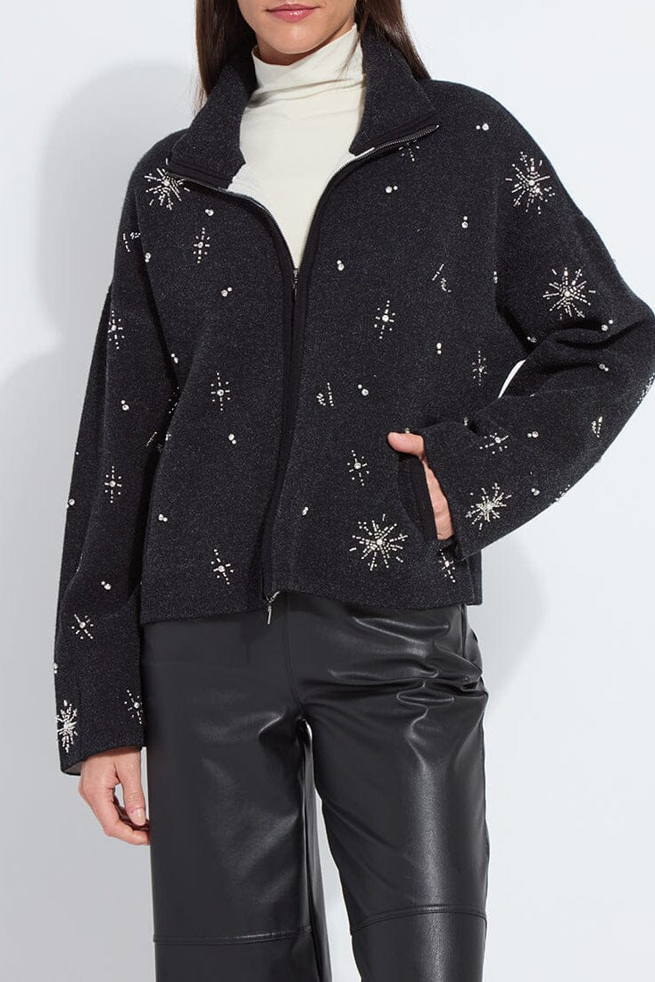 SCOTTIE EMBELLISHED KNIT JACKET IN CHARCOAL/LIGHT PEWTER FRONT VIEW