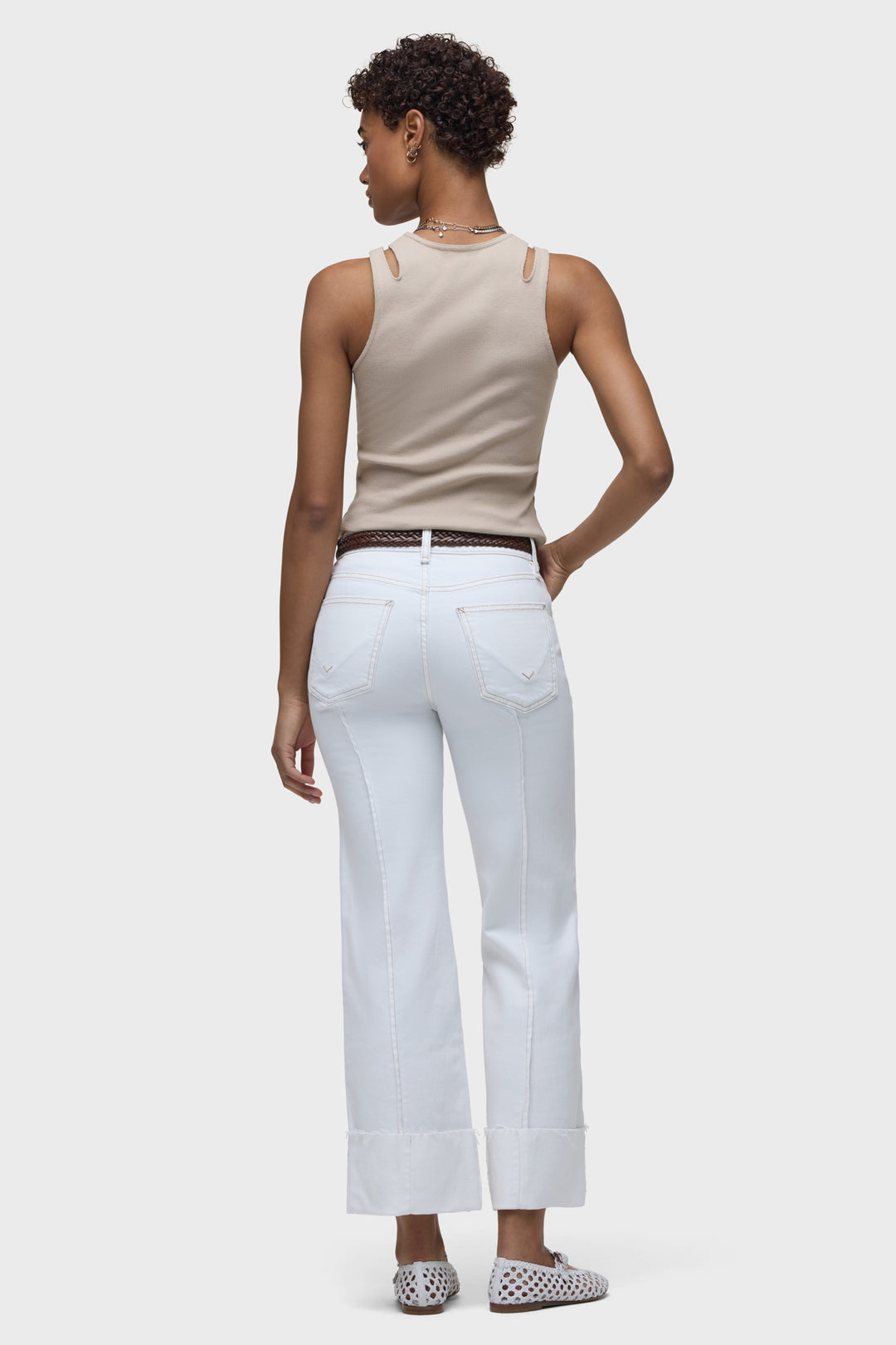White wide-leg jeans, rear view with back pockets and belt loops