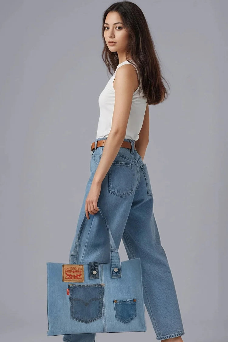Woman wearing blue jeans and a white top, holding a denim bag on a gray background