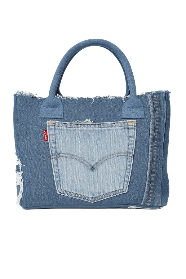 Denim tote bag with a front pocket on a white background