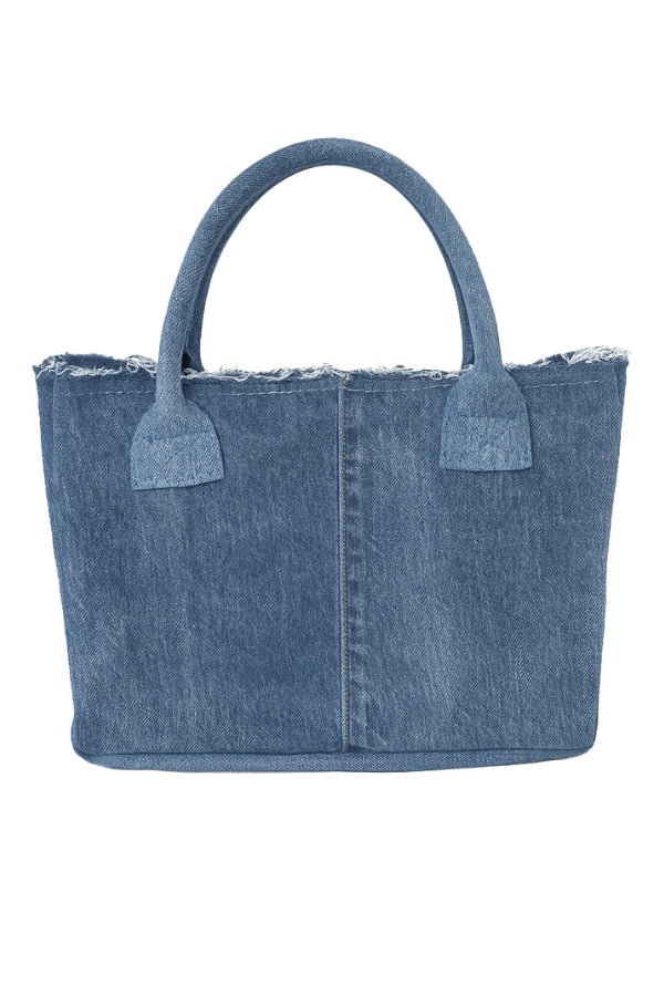 Blue denim tote bag on a white background