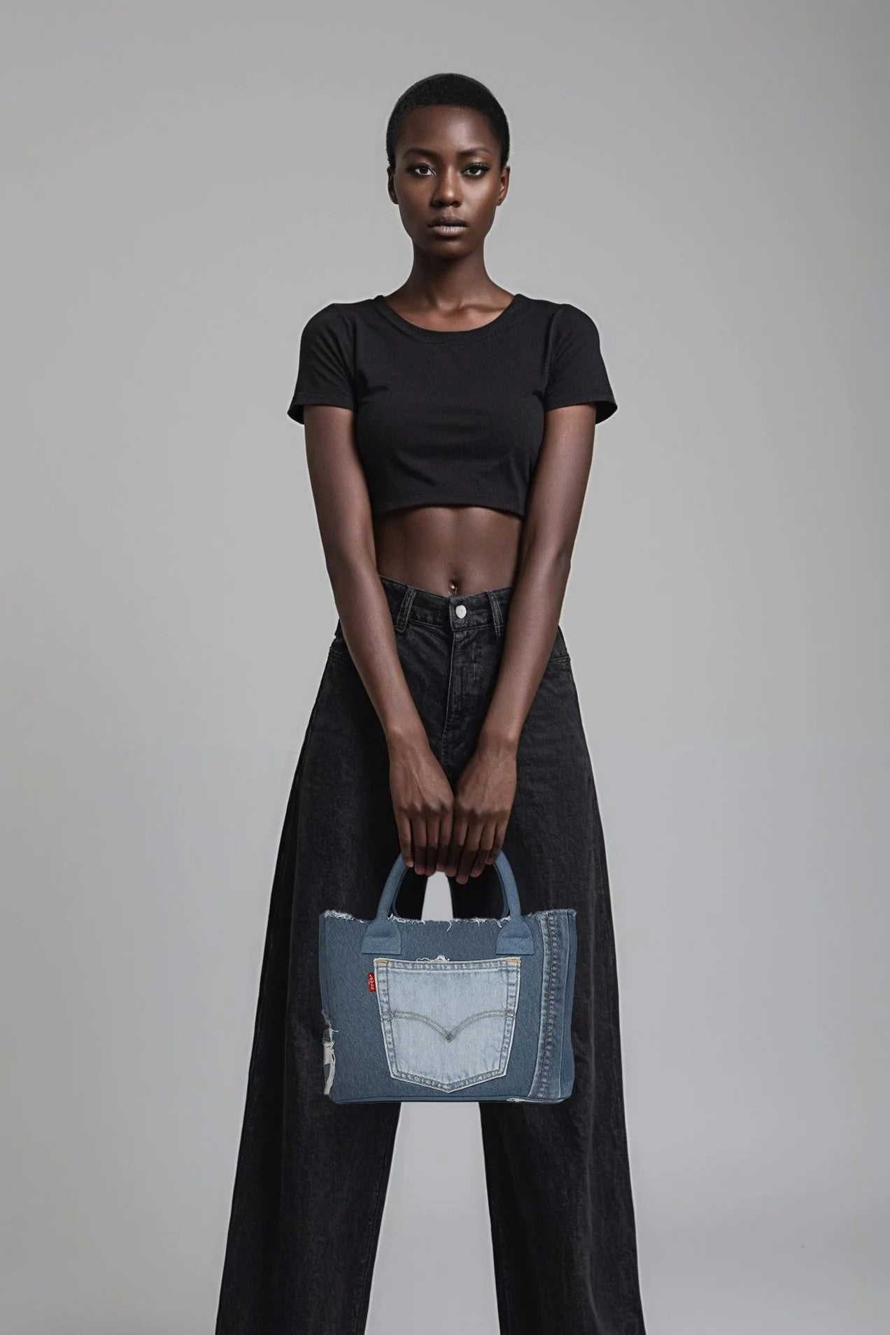 Person holding a denim handbag against a plain background