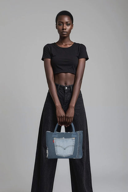 Person holding a denim handbag against a plain background