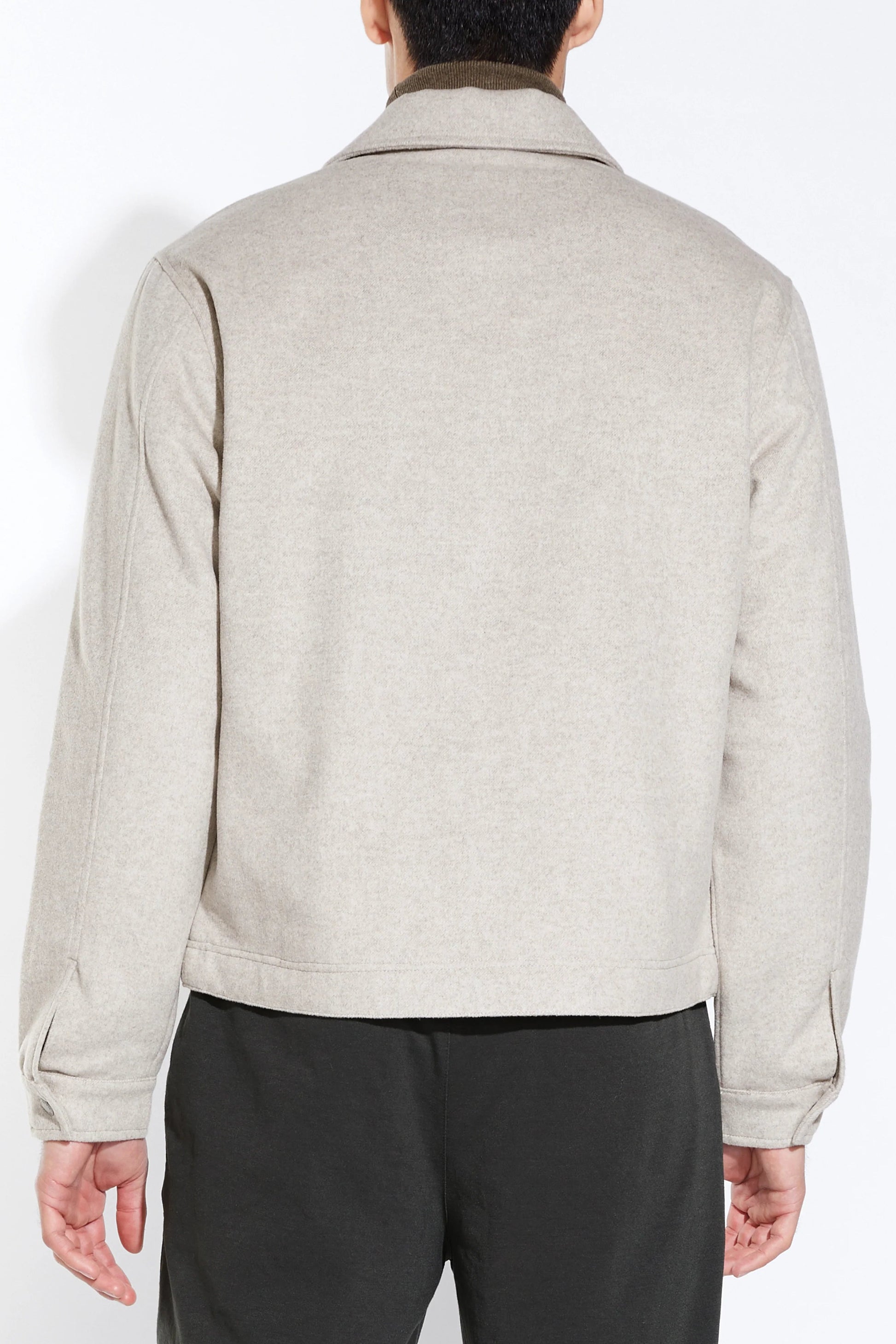 RENOIR CROPPED MAILMAN JACKET IN LIGHT TAUPE BACK VIEW