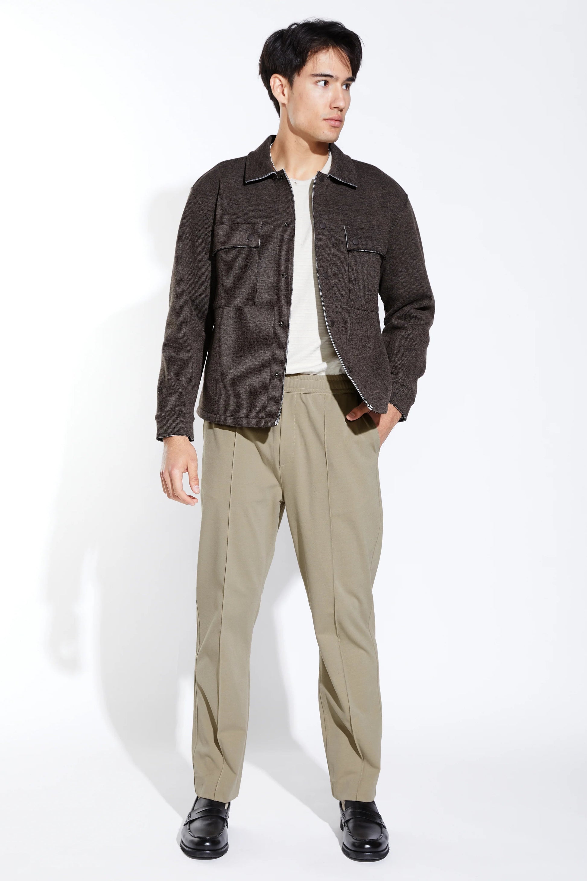  JASPER BOXY CROP KNIT SHACKET IN HEATHER DARK BROWN FRONT VIEW