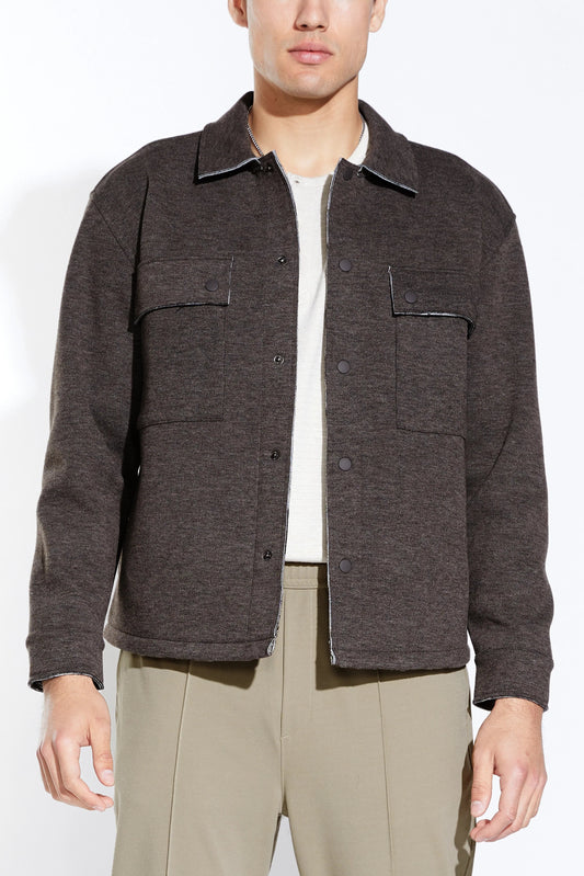 JASPER BOXY CROP KNIT SHACKET IN HEATHER DARK BROWN FRONT VIEW