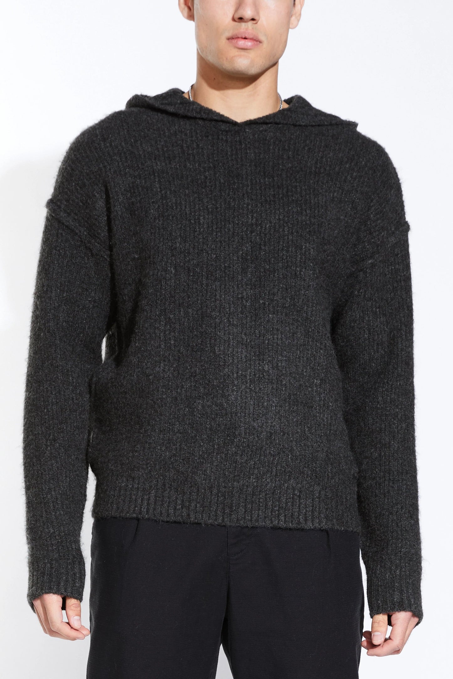 AVERY OVERSIZED BRUSHED KNIT HOODIE IN DARK CHARCOAL FRONT VIEW