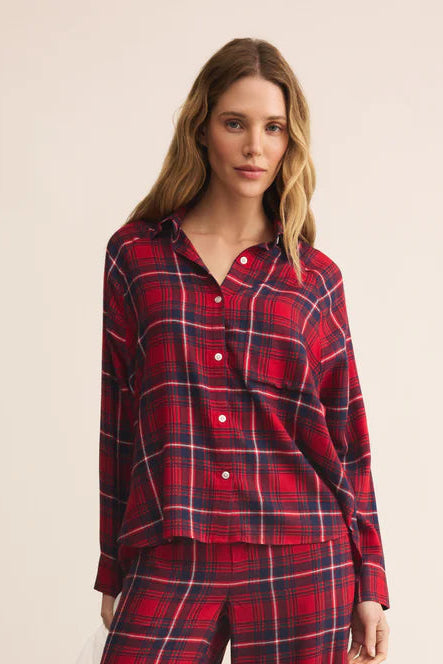 RIVER PLAID BUTTON UP IN HAUTE RED FRONT VIEW