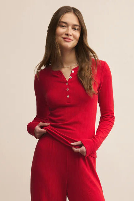HOLLY POINTELLE LONG SLEEVE TOP IN FESTIVE RED FRONT IVEW