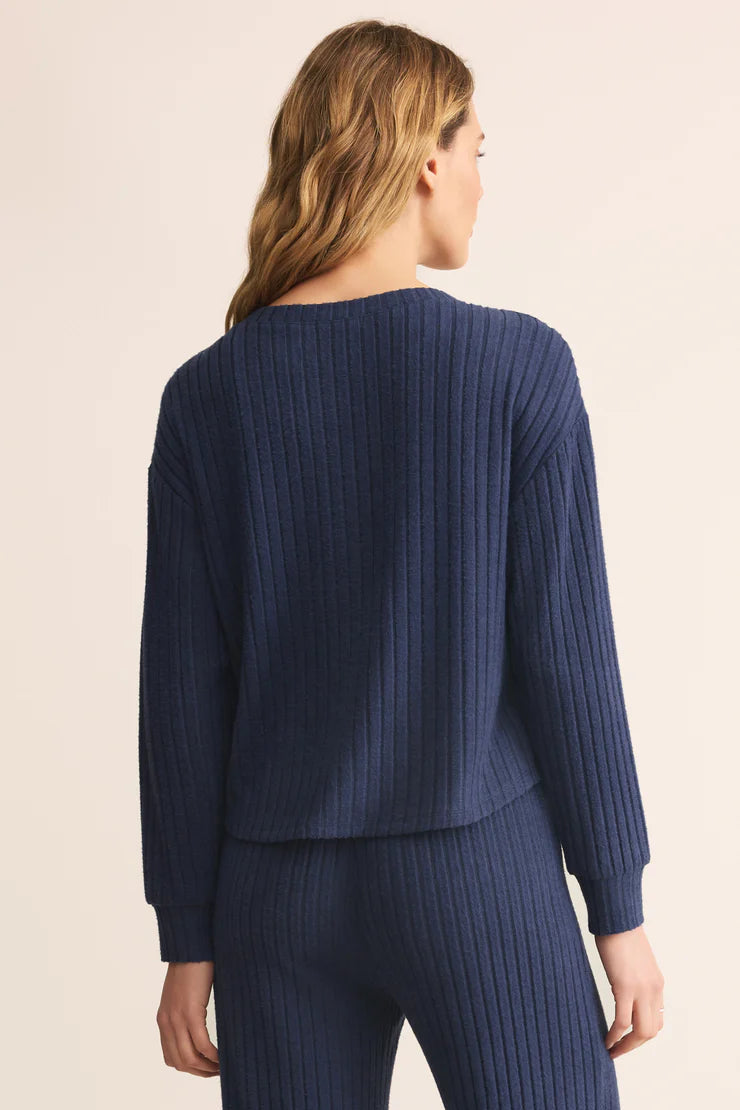 ELFIE RIB LONG SLEEVE TOP IN BLUE SAPPHIRE BACK VIEW