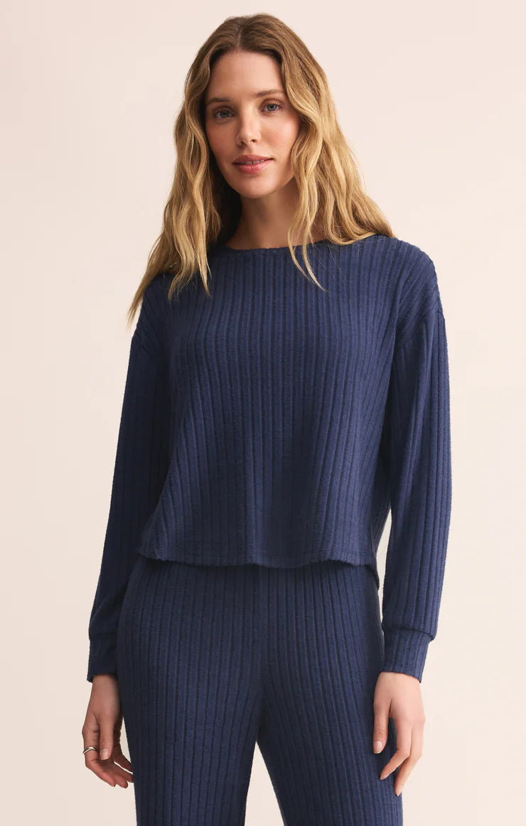 ELFIE RIB LONG SLEEVE TOP IN BLUE SAPPHIRE FRONT VIEW