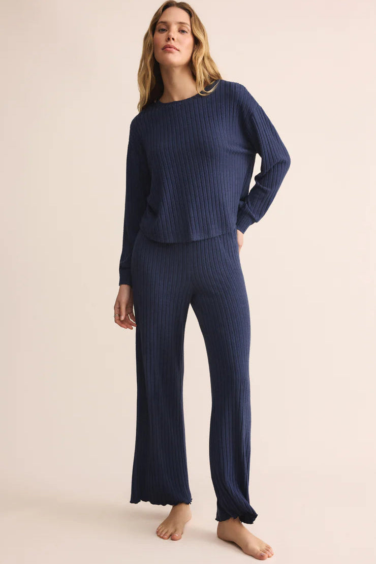ELFIE RIB LONG SLEEVE TOP IN BLUE SAPPHIRE FRONT VIEW