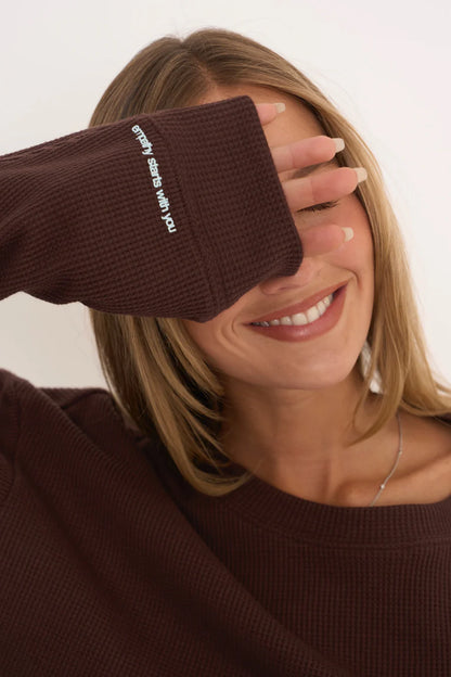 EMPATHY ALWAYS CREWNECK IN BROWN WAFFLE SLEEVE DETAIL VIEW
