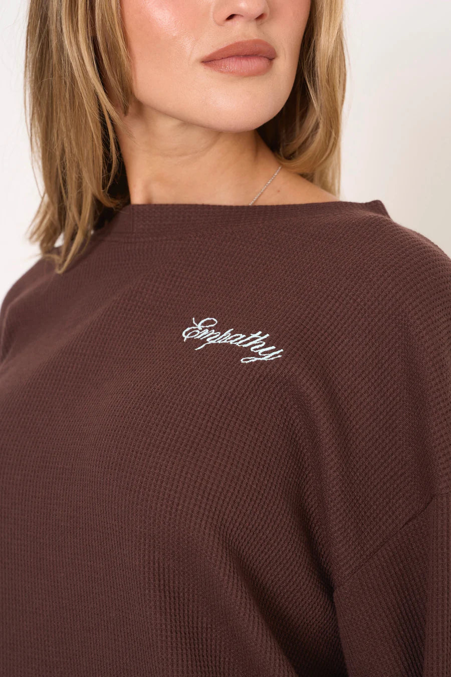 EMPATHY ALWAYS CREWNECK IN BROWN WAFFLE FRONT DETAIL VIEW