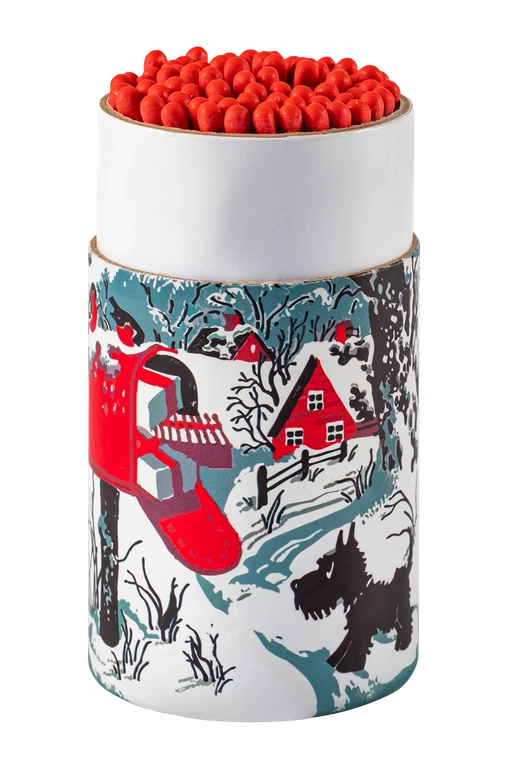 LARGE CYLINDER MATCHES IN SNOWY LETTERBOX OPEN FRONT VIEW