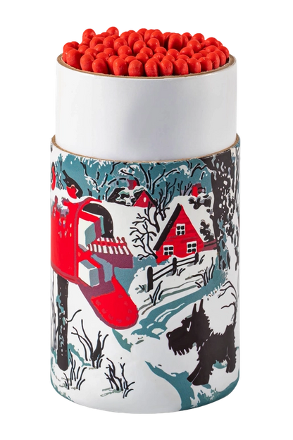 LARGE CYLINDER MATCHES IN SNOWY LETTERBOX OPEN FRONT VIEW