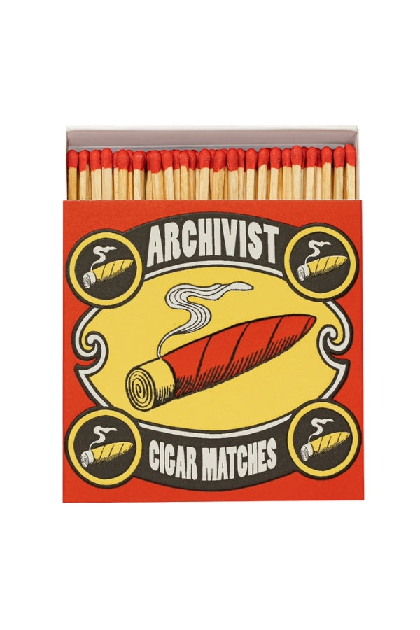 Archivist matchbox with cigar graphic, red-and-yellow card and wooden match sticks