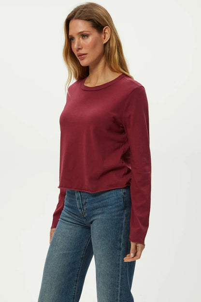 Aiko crew neck rolled edge tee in garnet front side view