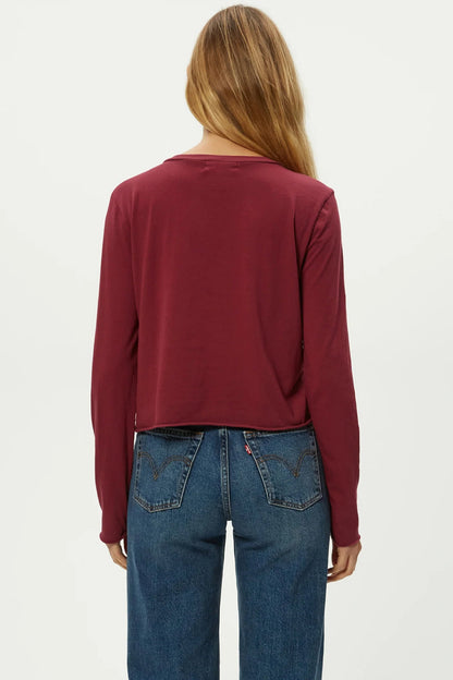 Aiko crew neck rolled edge tee in garnet back view