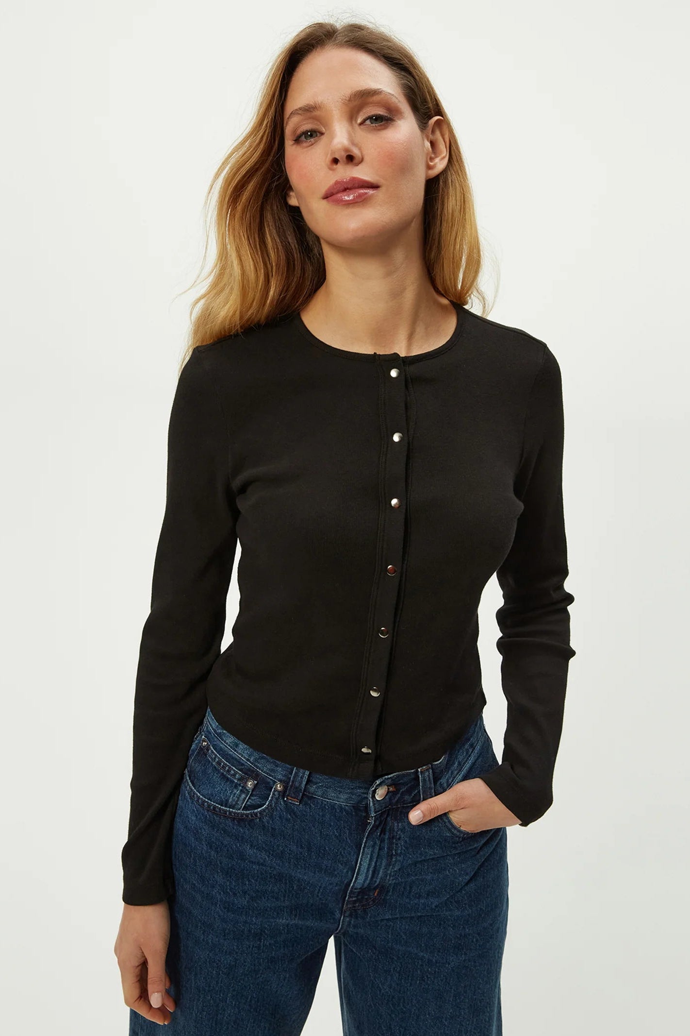 Trixie crew neck snap cardigan in black front view