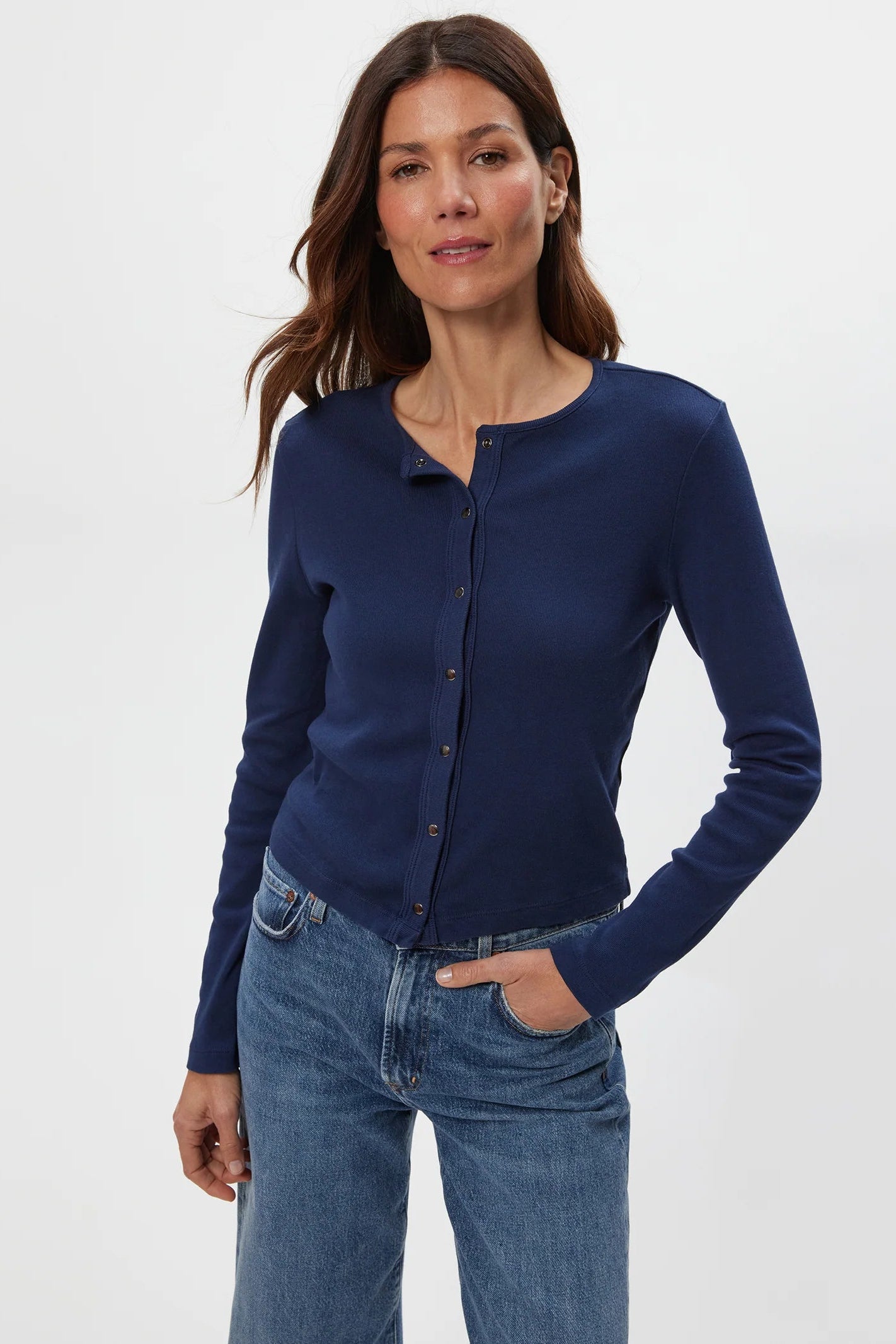 Trixie crew neck snap cardigan in nocturnal front view