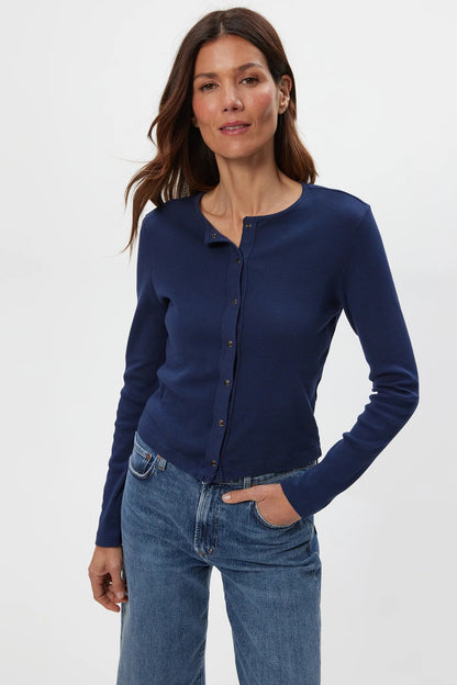 Trixie crew neck snap cardigan in nocturnal front view
