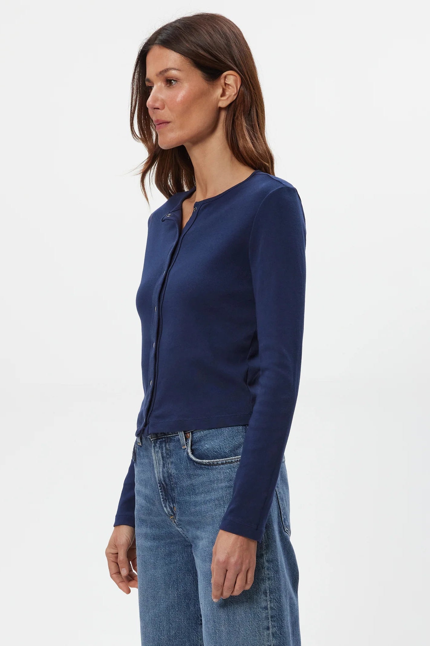 Trixie crew neck snap cardigan in nocturnal side view