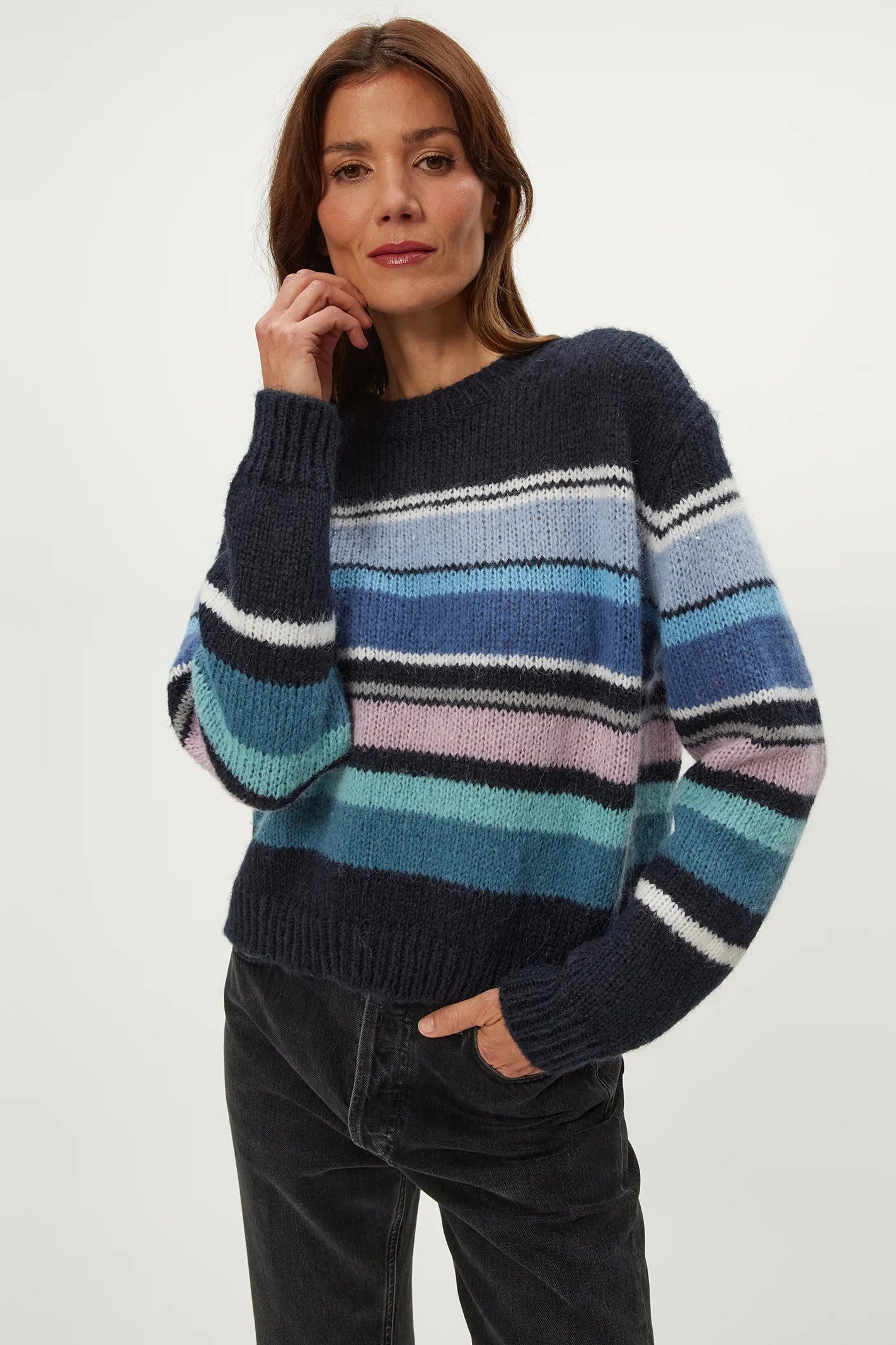AURA STRIPED CREW PULLOVER IN NOCTURNAL COMBO FRONT VIEW