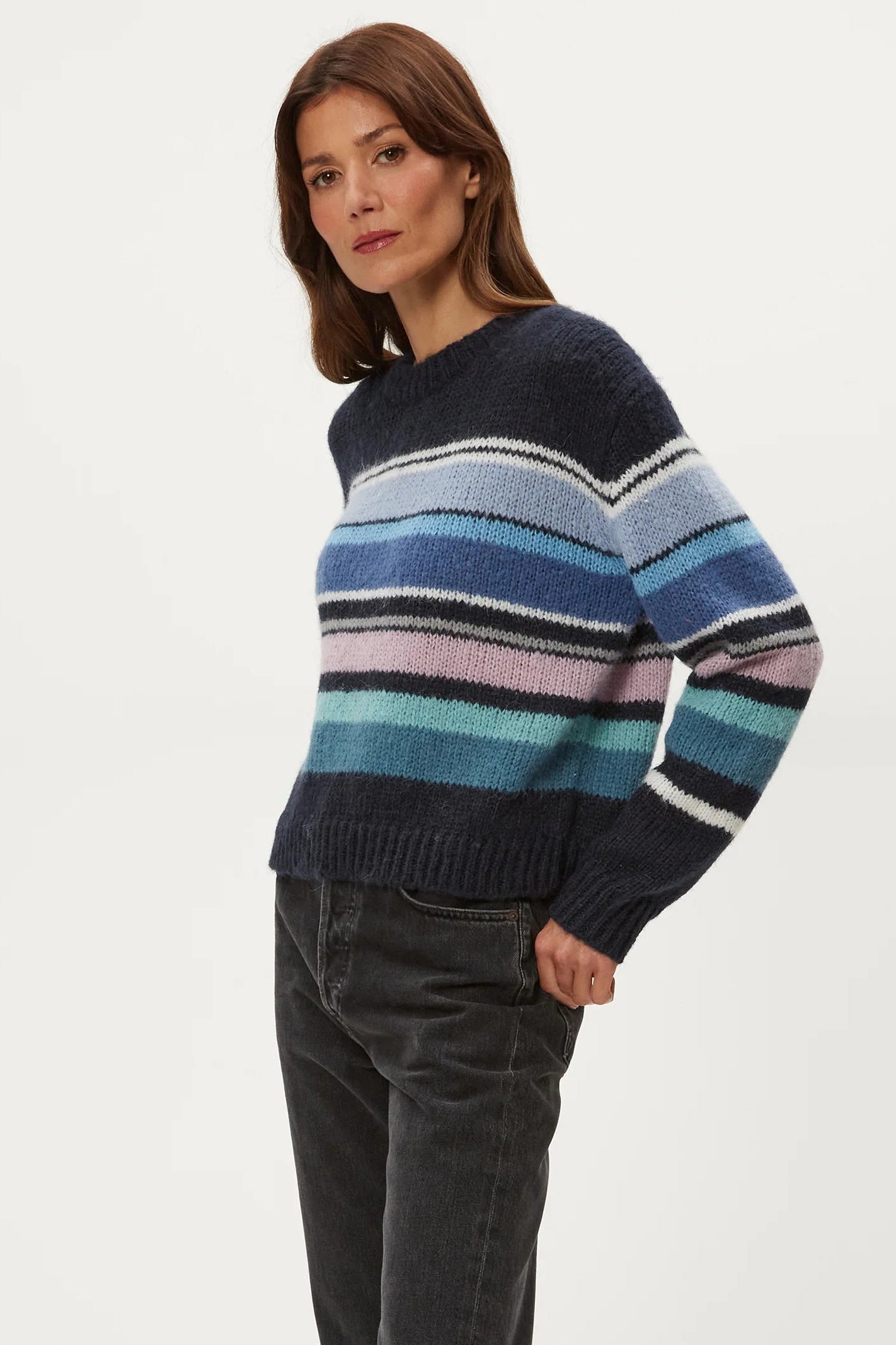 AURA STRIPED CREW PULLOVER IN NOCTURNAL COMBO SIDE VIEW