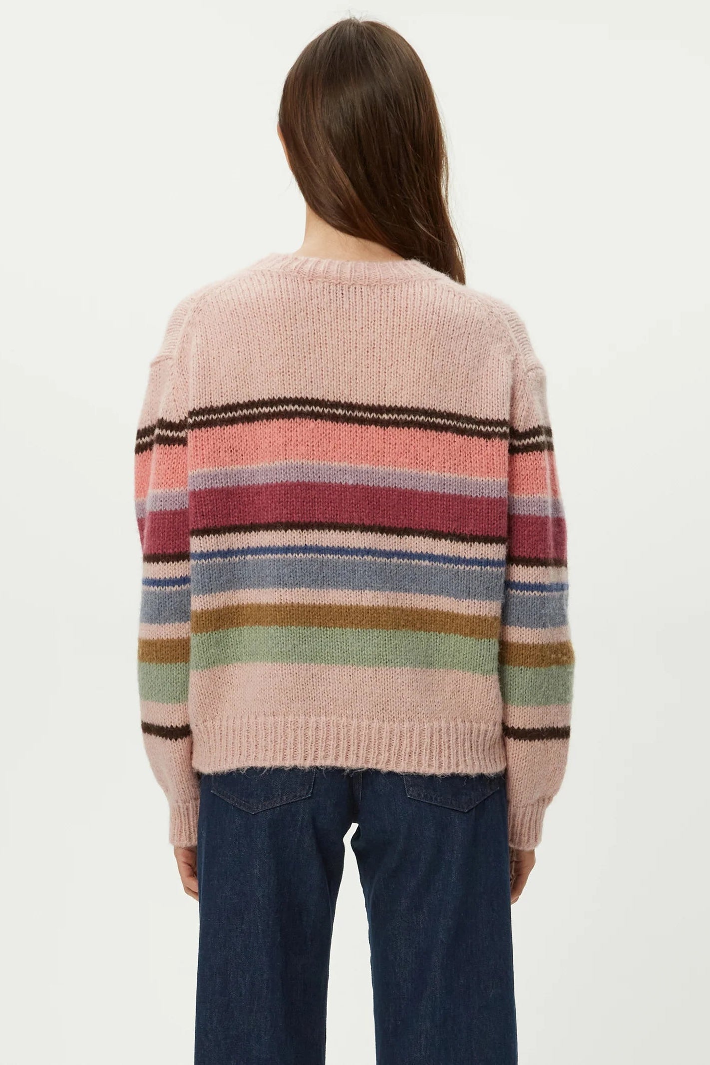 AURA STRIPED CREW PULLOVER IN PINK COMBO BACK VIEW