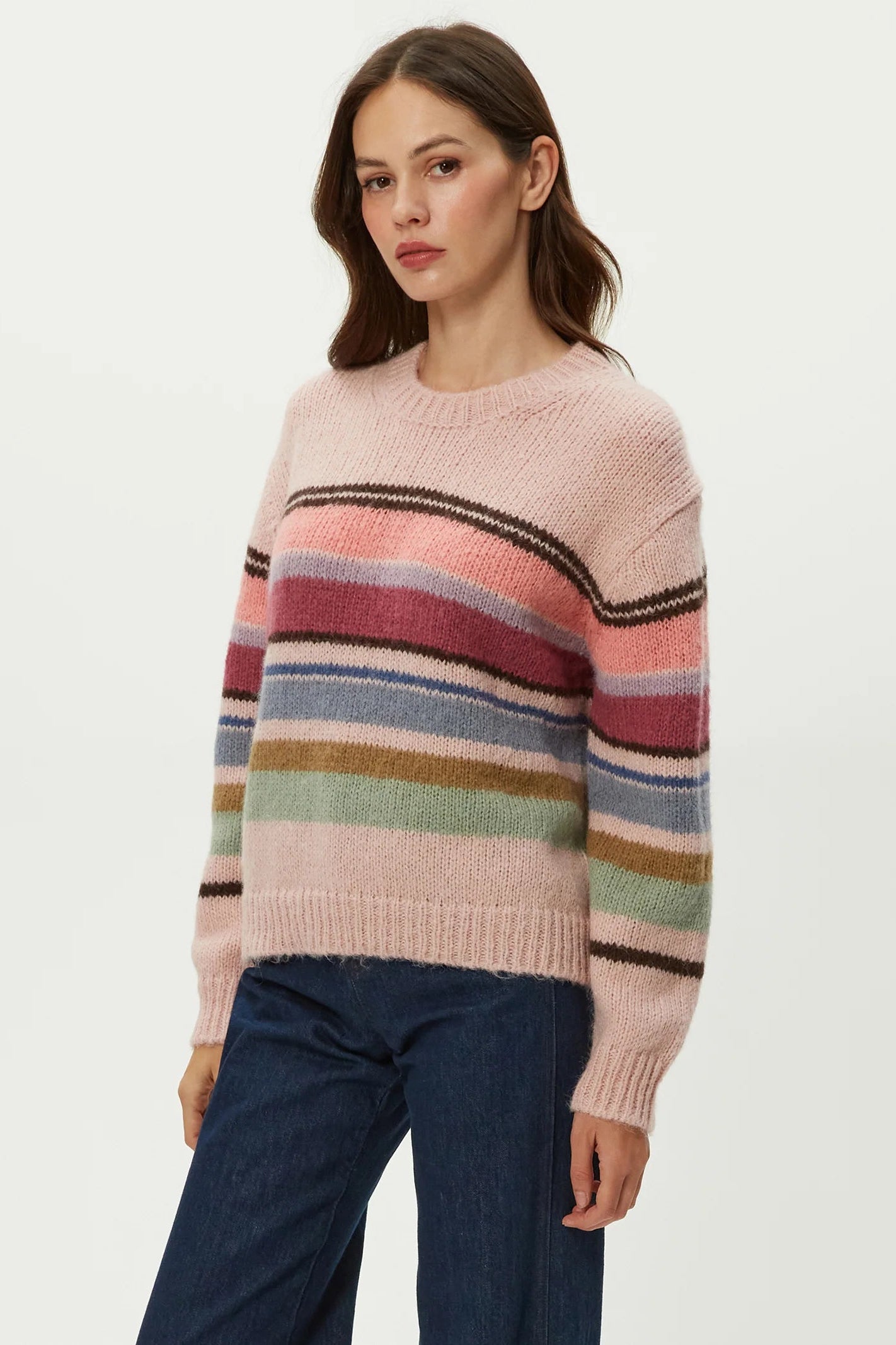 AURA STRIPED CREW PULLOVER IN PINK COMBO FRONT VIEW