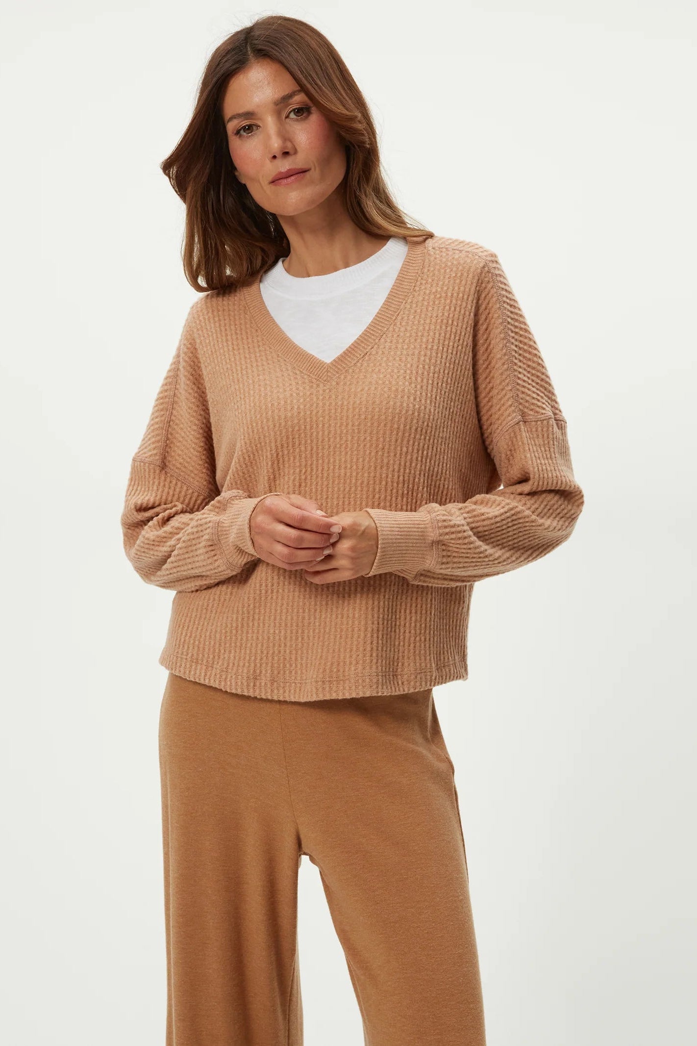 SALMA LONG SLEEVE V-NECK IN CUMIN FRONT VIEW