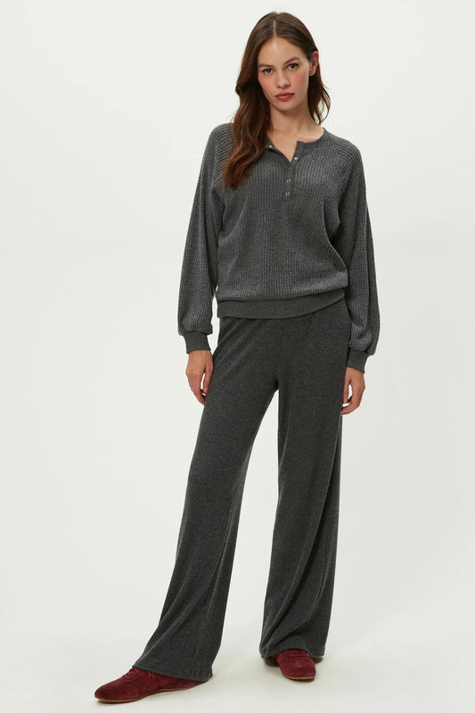 EIRA HENLEY RAGLAN LONG SLEEVE IN CHARCOAL FRONT VIEW