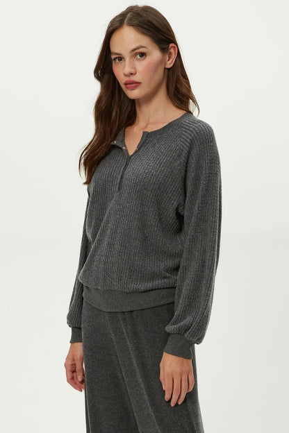 EIRA HENLEY RAGLAN LONG SLEEVE IN CHARCOAL SIDE VIEW