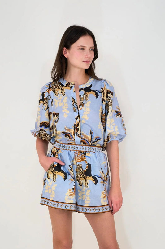 Bali tiger balloon shirt in light blue front view