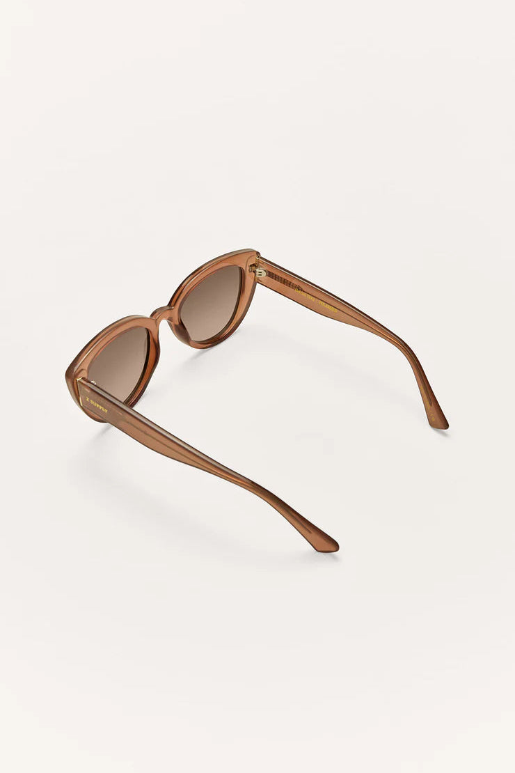 Taupe cat-eye sunglasses, angled view showing temples and bridge