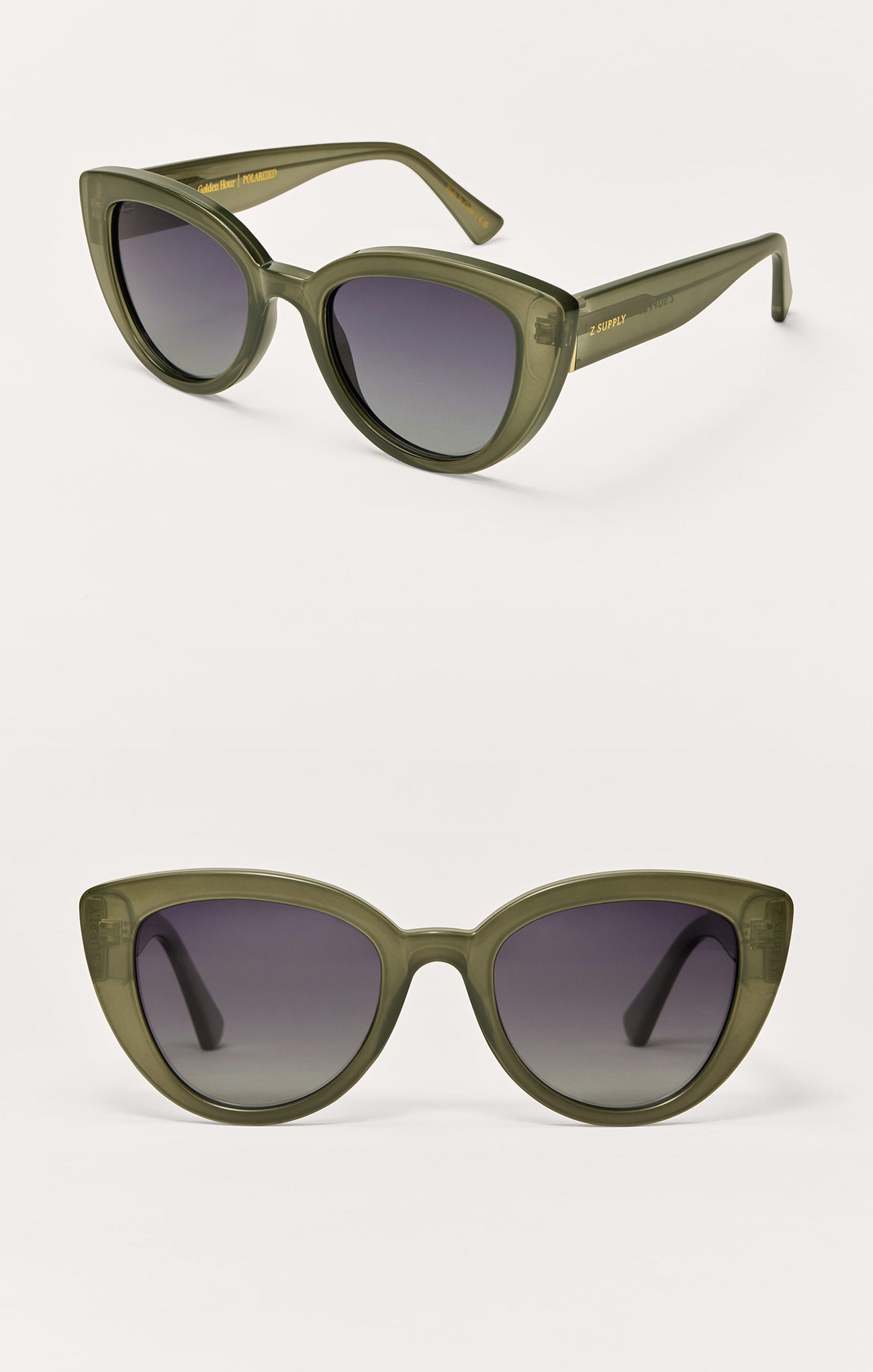 Olive cat-eye sunglasses with purple-toned gradient lenses